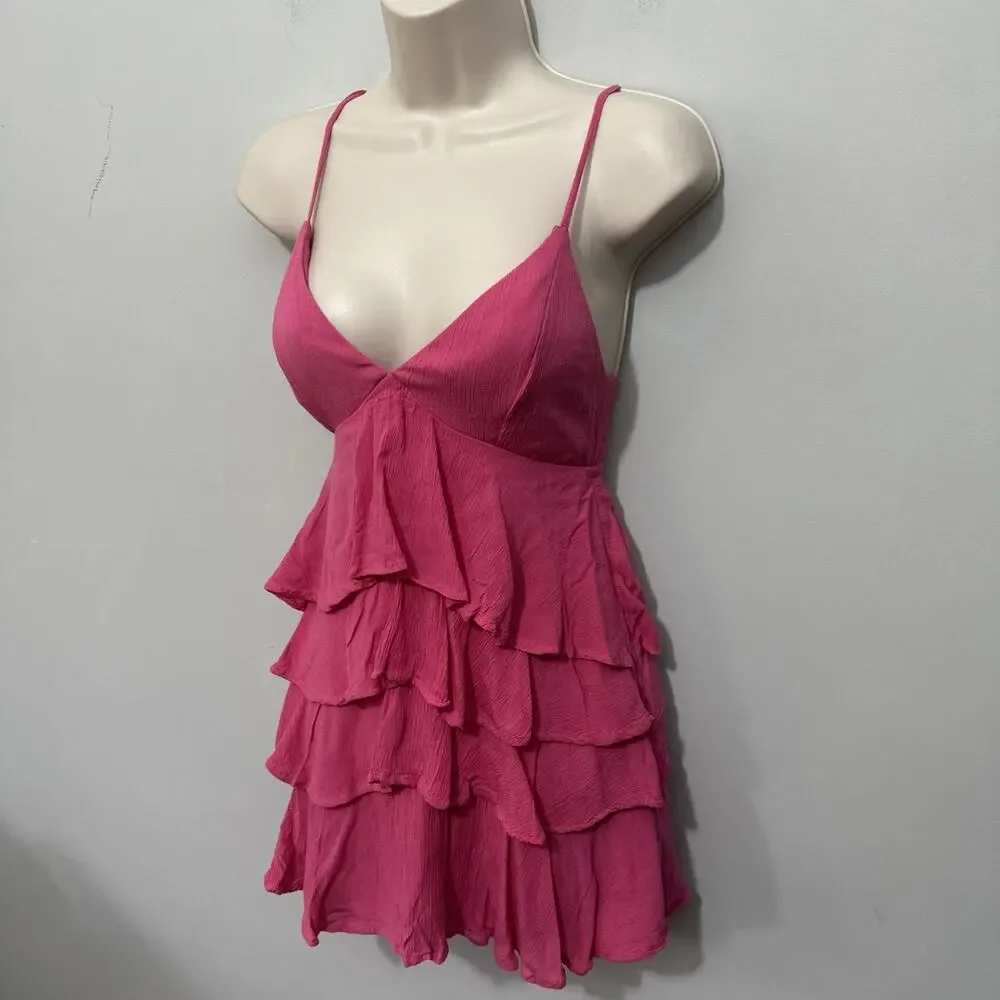 Hollister Mini Dress Womens XS Hot Pink Strappy Tiered Ruffle Babydoll Coquette - Picture 3 of 9